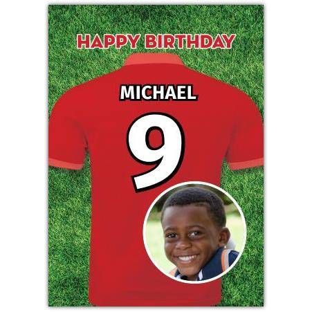 Personalised Red Football Jersey Photo Upload Birthday Card for Kids