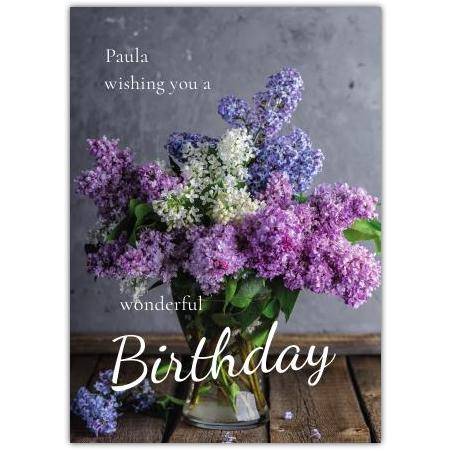 Personalised Purple and White Lilac Bouquet Birthday Card with Name on Cover