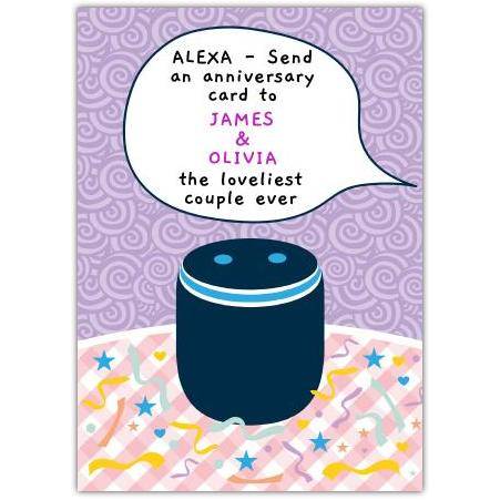 Personalised Alexa Anniversary Card for Couple James and Olivia with Humorous Smart Speaker Design
