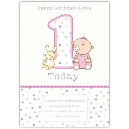 Personalised Baby Girl First Birthday Card with Teddy and Bunny Design