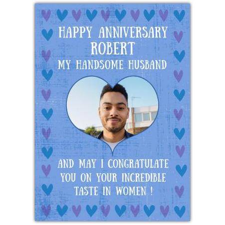 Personalised Happy Anniversary Husband Card with Heart Photo and Humorous Message