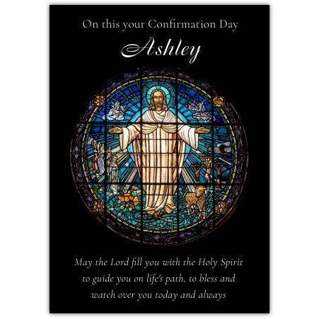 Personalised Confirmation Day Card with Stained Glass Jesus Design and Blessing Message