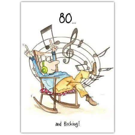 80th Birthday Card with Rocking Chair and Music Notes Illustration