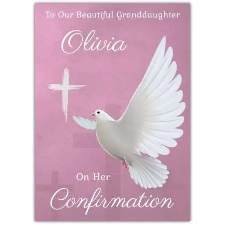 Personalised Confirmation Card for Granddaughter with White Dove and Cross on Pink Background