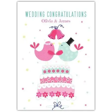 Personalised Wedding Congratulations Card with Cute Birds and Wedding Cake Design