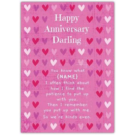 Personalised Happy Anniversary Darling Card with Humorous Heart Pattern Design