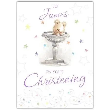Personalised Christening Card with Teddy Bear in Birdbath Design for Baby or Child