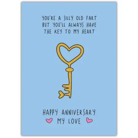 Funny Romantic Anniversary Card with Heart Key Illustration and Humorous Message