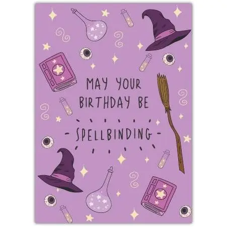 Spellbinding Birthday Card with Witch Hat Broom and Potion Design in Purple