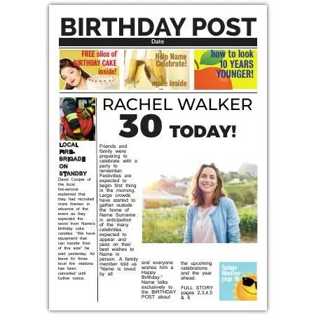 Personalised 30th Birthday Newspaper Style Greeting Card with Photo and Custom Text