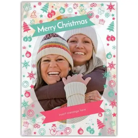 Personalised Merry Christmas Photo Card with Festive Snowflakes and Holiday Icons