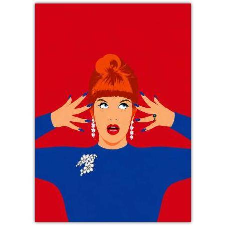 Funny Irish Birthday Card Featuring Retro Woman in Blue Dress with Red Background