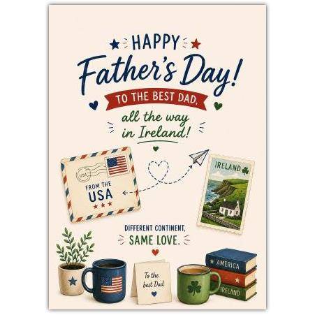 Fathers Day Card Best Dad from USA to Ireland with Travel Postage and Coffee Mugs Design