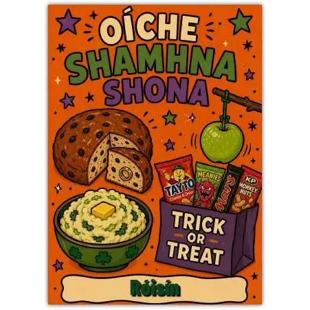 Irish Halloween Trick or Treat Card with Traditional Shamrock and Treats Design