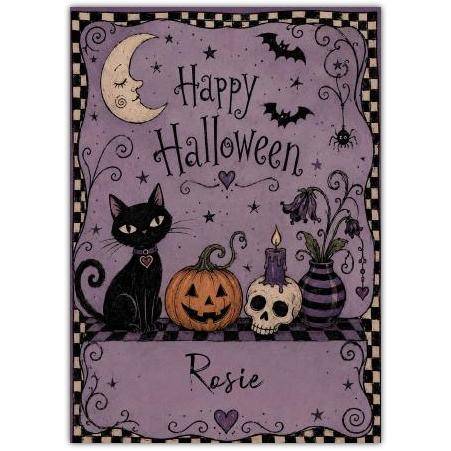 Personalised Purple Halloween Card with Black Cat Pumpkin Skull and Moon Design