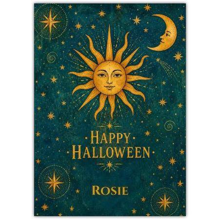 Personalised Celestial Sun and Moon Happy Halloween Card with Gold Foil Effect