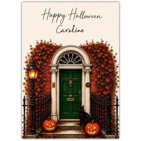 Personalised Halloween Card Georgian Dublin Door with Black Cat and Pumpkins