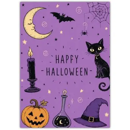 Happy Halloween Purple Cat Witch Moon Pumpkin Card