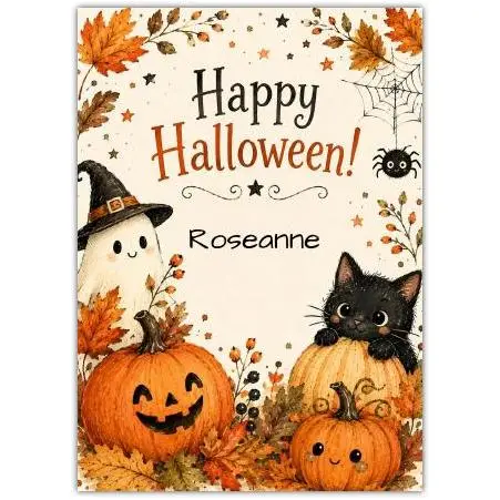 Personalised Cute Halloween Card with Black Cat Pumpkin Ghost and Autumn Leaves for Kids