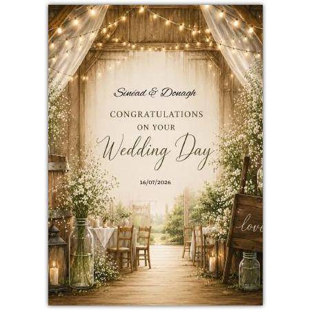 Rustic Barn Wedding Day Congratulations Card with Flowers and Fairy Lights