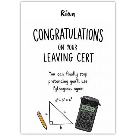 Personalised Congratulations Leaving Cert Card with Humorous Maths Design