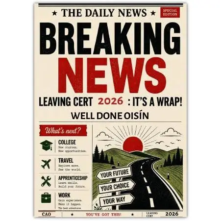 Leaving Cert Congratulations Card Breaking News Special Edition Personalised