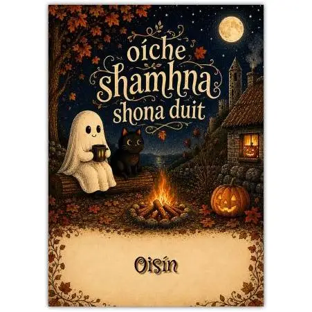 Oiche Shamhna Halloween Greeting Card with Ghost and Black Cat Campfire Scene