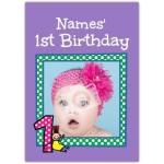 Personalised 1st Birthday Card for Baby with Photo Frame and Purple Background