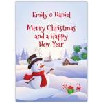 Personalised Merry Christmas and Happy New Year Snowman Winter Scene Card