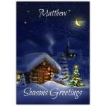 Personalised Seasons Greetings Card Winter Snowy Cabin Moonlight Scene