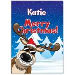 Personalised Sunglasses Reindeer Christmas Card for Kids with Snowy Background