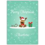 Personalised Merry Christmas Card with Cute Reindeer Sleigh and Gift Design
