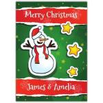 Personalised Snowman and Stars Merry Christmas Card with Custom Names on Green Background