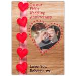 Personalised 5th Wedding Anniversary Card with Wooden Heart Photo Design and Red Hearts