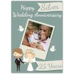 Personalised Silver Wedding 25th Anniversary Photo Upload Card with Bride and Groom Design