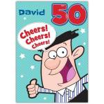 Personalised Cheers Happy 50th Birthday Card with Cartoon Character and Name Option