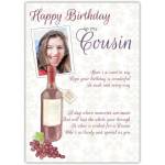 Personalised Cousin Birthday Card with Wine Bottle and Photo Frame Design