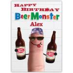 Personalised Beer Monster Birthday Card with Fun Finger Character and Beer Bottles