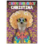 Personalised Groovy Meerkat Hippie Style Birthday Card with Peace Sign Sunglasses