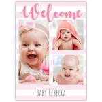 Personalised Welcome Baby Girl Card with Three Photo Collage Pink Stripes Design