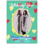 Personalised Large Oval Photo Happy Birthday Card with Colourful Hearts Design
