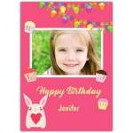 Personalised Pink Bunny Rabbit Photo Birthday Card for Kids with Cupcakes Design