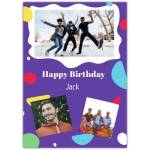 Personalised Boys Birthday Card with Three Photo Collage and Custom Name on Purple Background