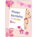 Happy Birthday Card for Niece with Balloons Teddy Bears and Presents Pink Design
