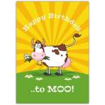 Funny Happy Birthday To Moo Cow Card with Sunshine and Flowers