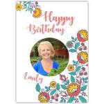 Personalised Happy Birthday Card with Yellow Floral Round Photo Frame Design