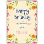Personalised Happy Birthday Wife Card with Pretty Floral Frame and Custom Name