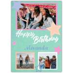 Personalised Green Stars Birthday Card with 3 Photo Uploads for Girls