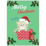 Personalised Merry Christmas Card with Kitten in Festive Box and Holly Design
