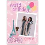 Personalised Happy Birthday Card with Paris Girl on Bike and Photo Upload Option
